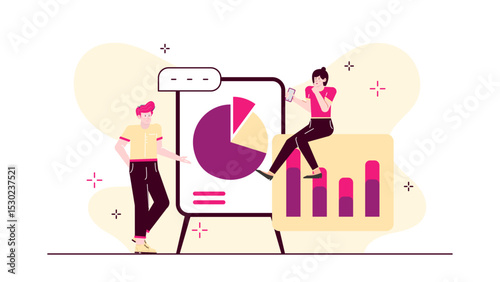 Two people analyzing data using a pie chart and bar graph. Ideal for presentations and reports on data analysis, statistics, and data interpretation.