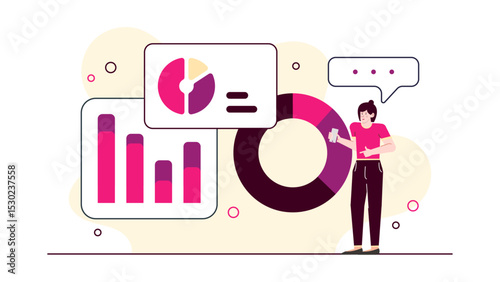 Woman analyzing data on smartphone with graphical charts, suitable for technology and business concepts in presentations, websites, and social media.