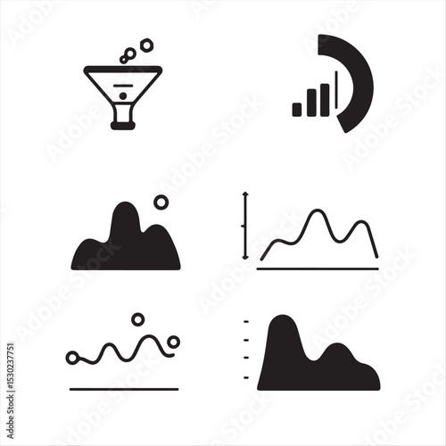 Flat, vector icons in a black and white Isekai anime style, for an analytics dashboard. The icons are funnel drop-off, AB test, heatmap, cohort analysis, bounce rate.  Business UI style; muted tech
