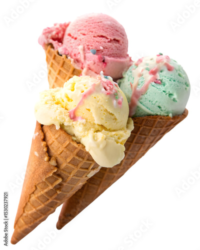 scoops of ice cream in a cone isolated on transparent background Generative Ai.
