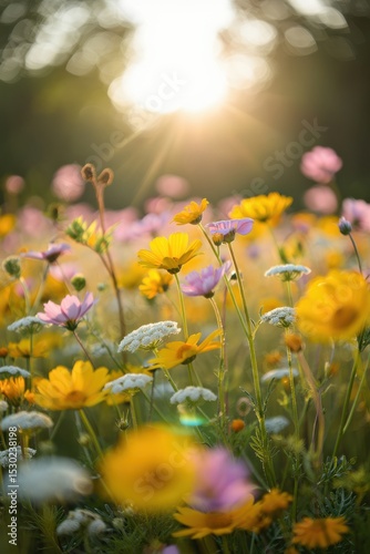 Colorful Wildflowers in a Meadow at Sunset