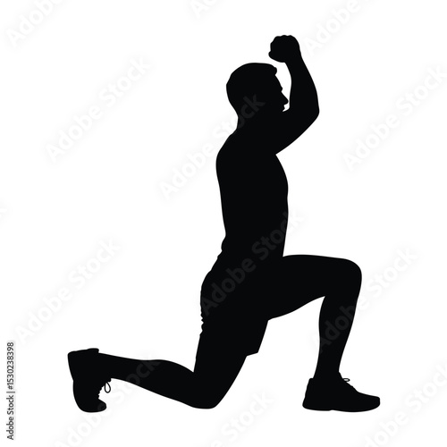 Silhouette of a man doing a lunge with arm raised