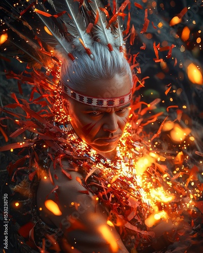 Ethereal Warrior Portrait with Fiery Embers and Vibrant Feather Accessories