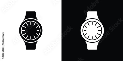 Isolated Black and White Wristwatch Icons with Opposite Colors on Backgrounds, Style