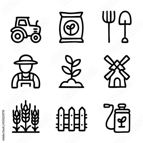 A set of doodle line icons representing farming tools, crops, and agriculture elements for infographics, web design, or presentations