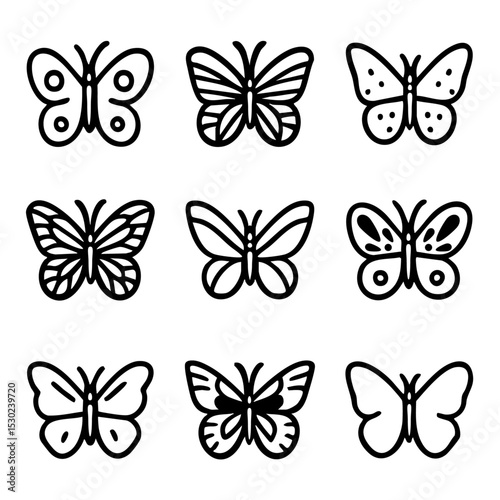 A set of doodle line icons showing various butterfly designs, perfect for spring themes, nature illustrations, or decorative graphics