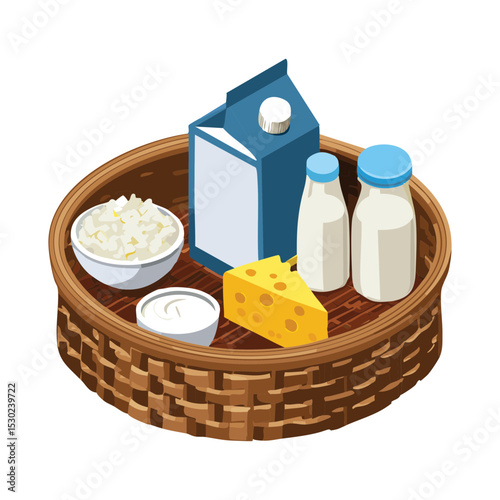  Fresh Dairy Products in Wicker Basket - Vector Illustration