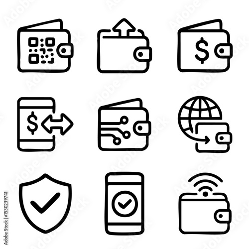 A set of doodle line icons depicting digital wallets, secure transactions, and mobile payments for fintech, e-commerce, and finance platforms