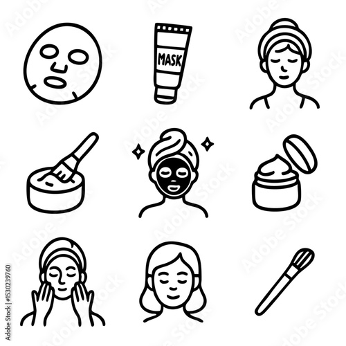 A set of doodle line icons showing skincare, face masks, and beauty treatments for spa, wellness, or self-care themed designs