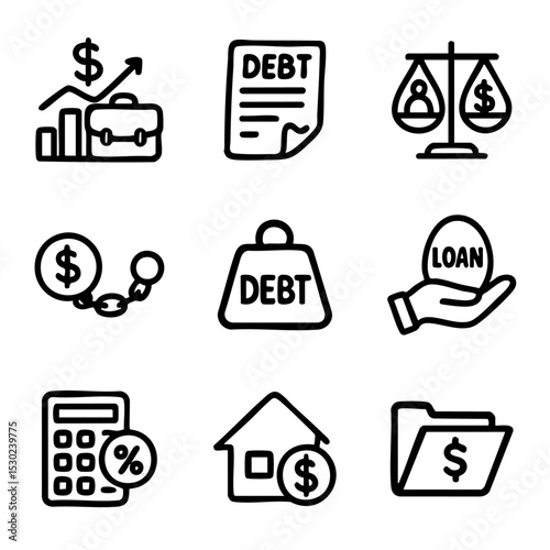 A set of doodle line icons illustrating debt, loans, interest, and financial burden for banking, accounting, and personal finance projects