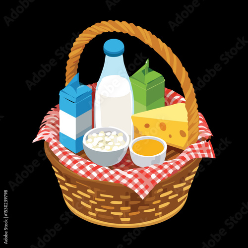 Homemade Dairy Basket Fresh Milk Cheese Vector Illustration