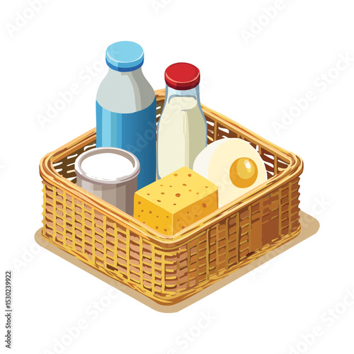 Bottled Milk Cheese Butter Basket Vector Illustration