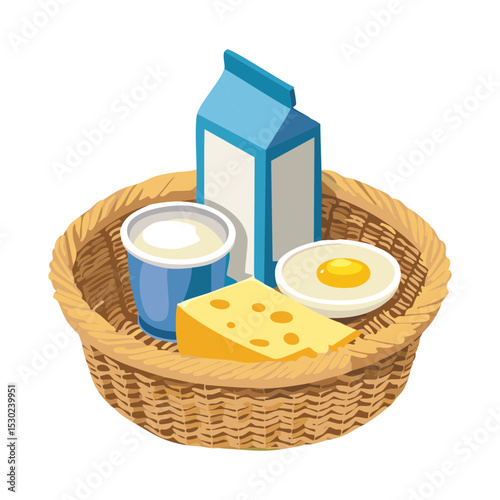 Rustic Basket with Breakfast Staples - Vector Illustration