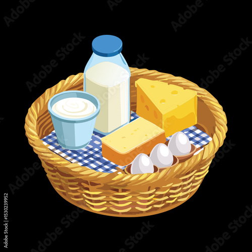 Rich Dairy Products in Basket - Vector Illustration