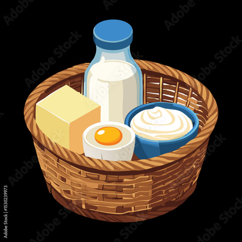 Complete Breakfast Ingredients Basket - Vector Illustration