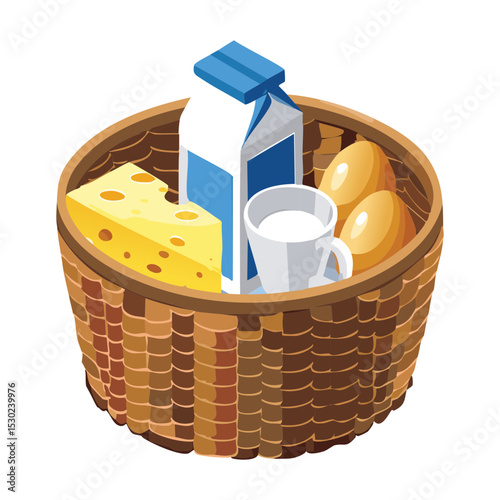 Breakfast Essentials in Rustic Basket - Vector Illustration