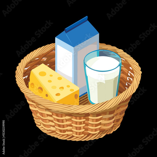 Assortment of Dairy in Woven Basket - Vector Illustration
