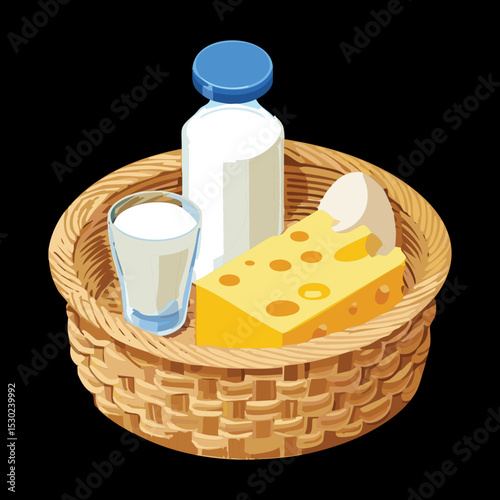 Dairy Products in Wicker Basket - Vector Illustration
