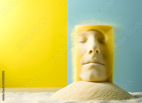 A surreal sculpture of a serene human face emerging from a yellow powdery substance against a split yellow and blue background.