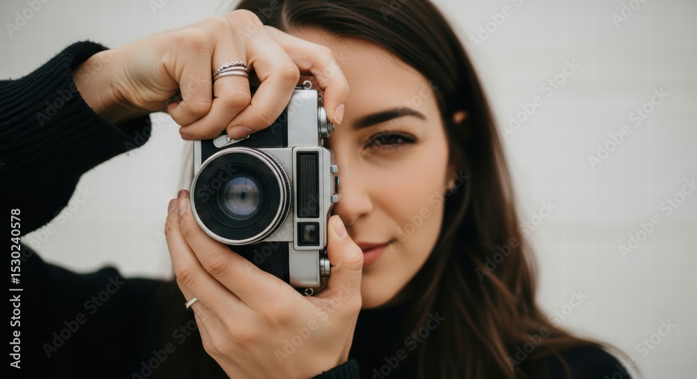Closeup of a woman ready to take a picture with her classic vintage camera Closeup of a woman ready to take a picture with her classic vintage camera