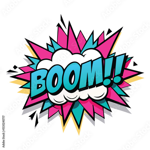 Vibrant pop art comic book style illustration of the word boom with explosion elements