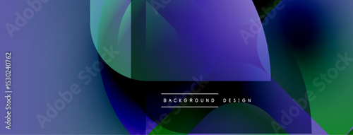 Abstract design features overlapping shapes, vibrant purple hues, green accents. Modern background ideal for digital projects.