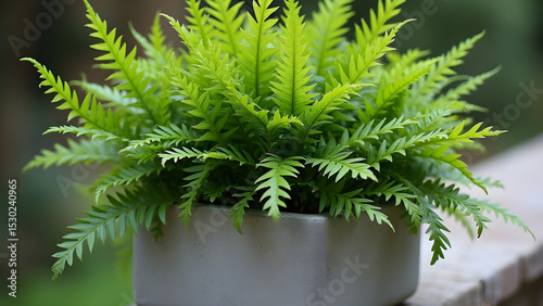 Holly fern in a concrete planter on a stone ledge, wallpaper
