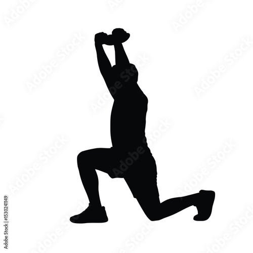 Silhouette of a person doing a lunge with a dumbbell overhead