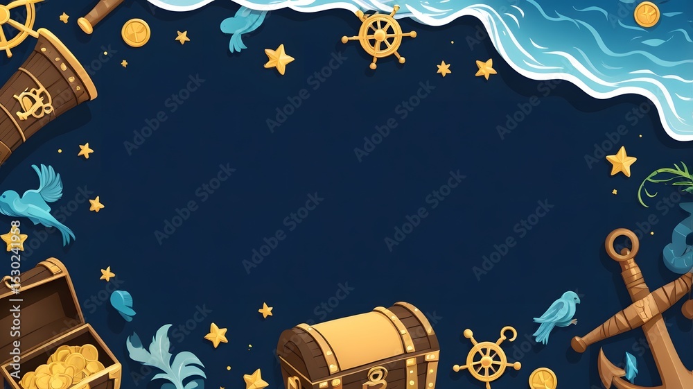 Obraz premium Pirate background with treasure chest, starry sky, fish, pirate ship, steering wheel. Vector illustration.
