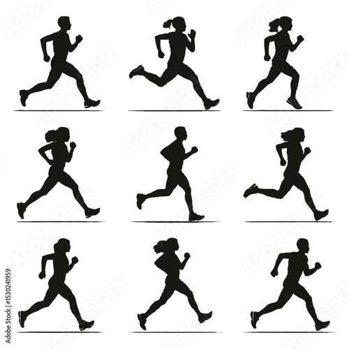 runner silhouette vector set, running man woman sequence, motion, athletic vector illustration, dynamic jog, fitness movement animation, isolated runners on white, exercise illustration, human activit