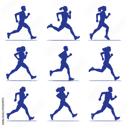 runner silhouette vector set, running man woman sequence, motion, athletic vector illustration, dynamic jog, fitness movement animation, isolated runners on white, exercise illustration, human activit
