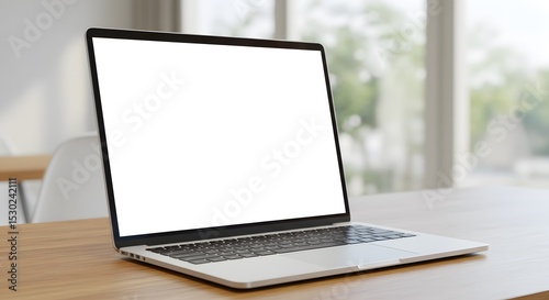 Black portable notebook with blank screen on a table in an office