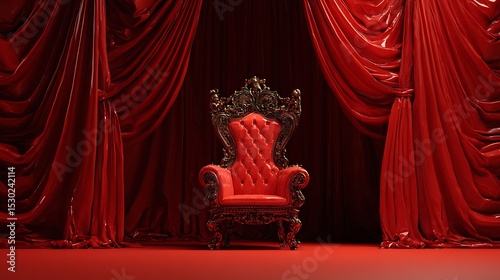 Ornate Royal Red Throne, Dramatic Draping Fabric, Elegant, Luxurious, Regal Seat