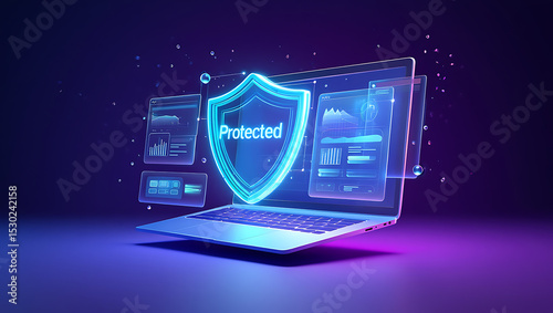 A glowing shield labeled protected in front of a laptop with data visualizations