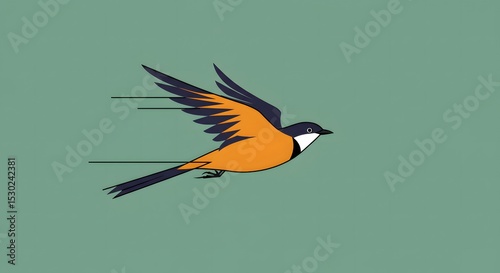 Vector illustration of an isolated red and green flying bird with a beak and outstretched wings
