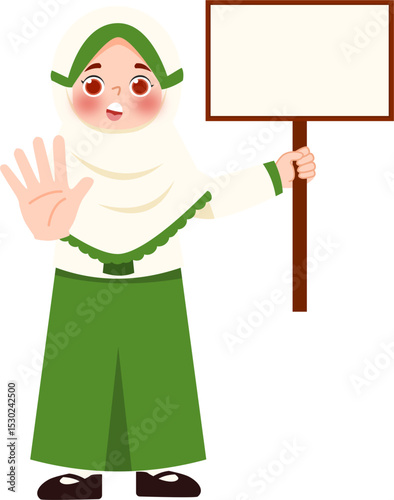 Cartoon girl in hijab holding blank sign, waving hand.