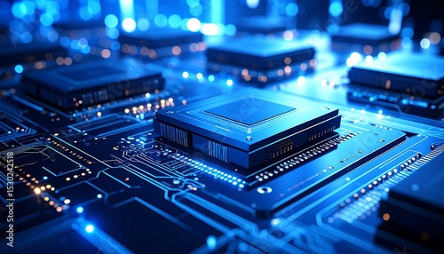 Fototapeta Naklejka Na Ścianę i Meble -  Futuristic Tech Illuminated Microchips  Circuit Board with Blue Digital Abstraction.