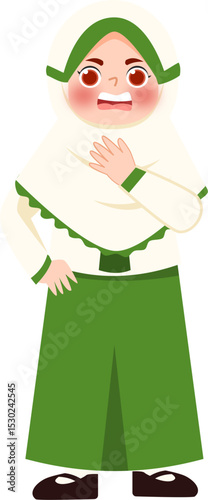 Smiling Girl in Green Uniform and White Hijab, Hand on Chest, Cartoon Style.
