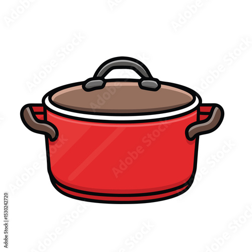 Cartoon red cooking pot with brown lid and handle ready for food preparation
