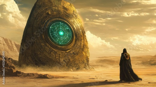 Ancient golden orb in desert