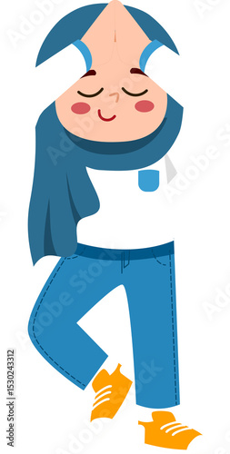 Stylized Child Doing Yoga, Eyes Closed, Blue Scarf and Jeans, Yellow Shoes, White Background.
