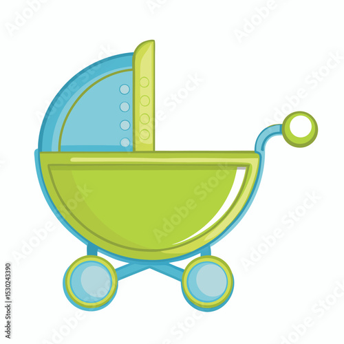 Colorful cartoon illustration of a modern baby stroller designed for newborns and infants