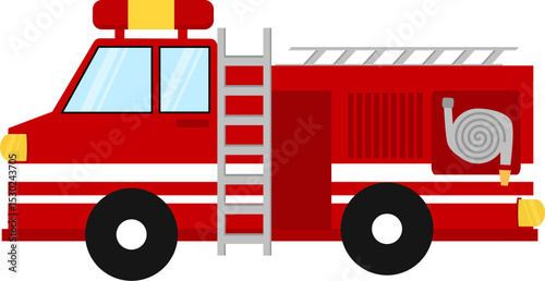 Simplified Red Fire Engine with Ladder and Hose, Cartoon Style.
