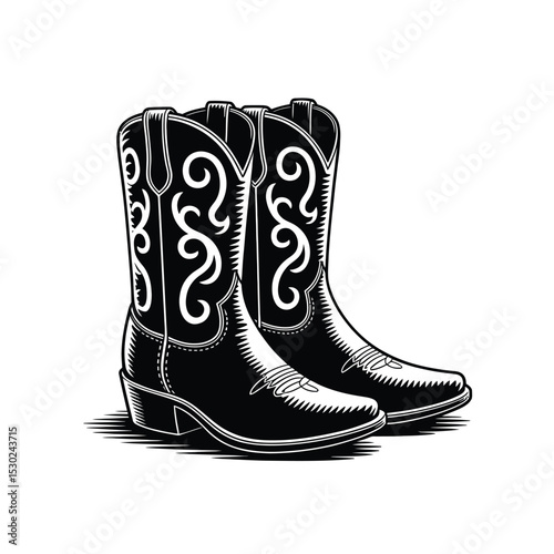 Black and White Illustration of Ornate Cowboy Boots Isolated on White