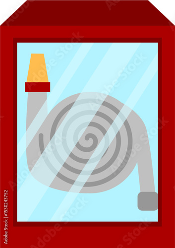 Coiled Fire Hose in Red Cabinet, Light Blue Background, Vector Illustration.