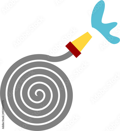 Coiled Hose Spray: Simplified Cartoon Water Dispenser, Gray, Red, Yellow, Blue.