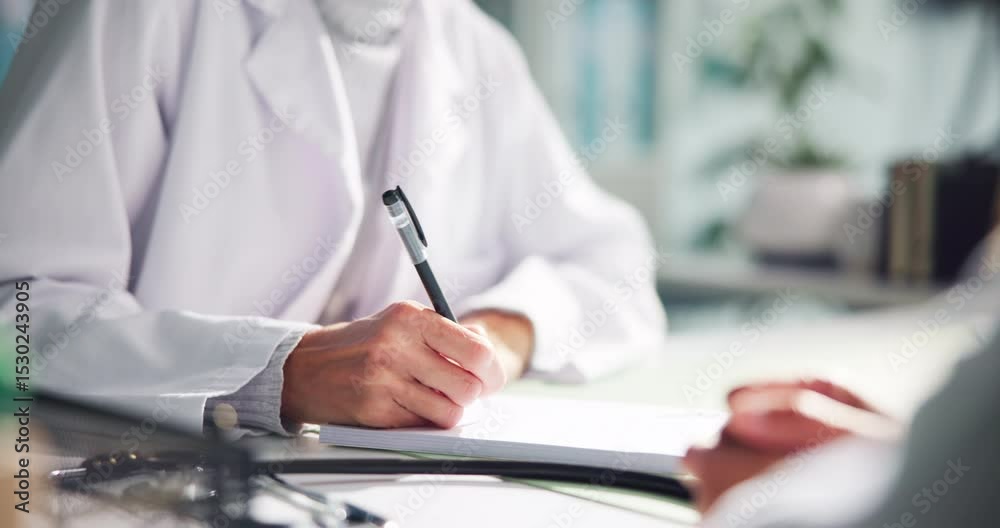 Hands, doctor and writing prescription with patient for sick note and health report. People, medical consultation and paper in hospital for dosage instruction, medicine script and treatment plan