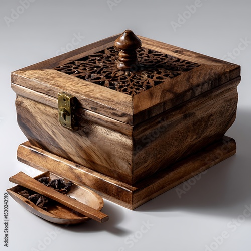 Ornate Wood Box with Carved Lid and Spices in Small Wooden Bowl on Gray Backdrop