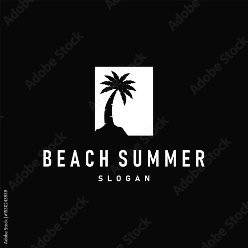 summer beach logo simple minimalist design coconut tree with black minimalist silhouette with beach atmosphere illustration template concept symbol
