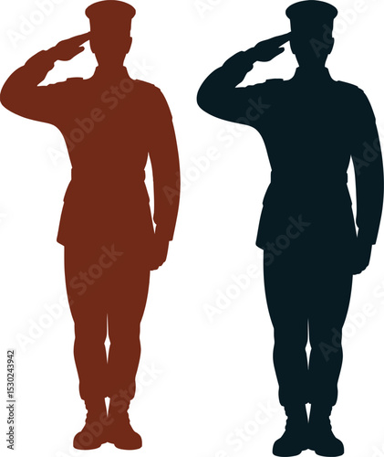 Two silhouette figures of military personnel saluting in black and green on a white background